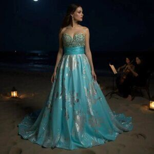 Alyce Paris Dress Prom Formal Evening Gown Blue Metallic Rhinestones Bodice Sz 6